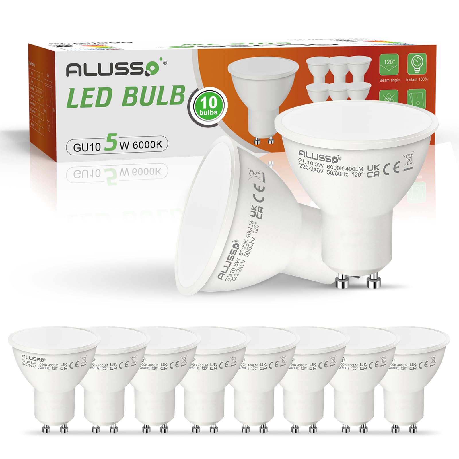 ALUSSO 5W GU10 LED Bulbs Cool White 6000K, 400lm Brightness, 120° Wide Beam Angle, Pack of 10, Non-Dimmable, Ideal for Kitchen & Bedroom & More