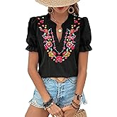 ZILIN Women's Casual Floral Embroidered V Neck Boho Short Puff Sleeve Shirts Loose Summer Blouses Tops Fashion Clothes 2026