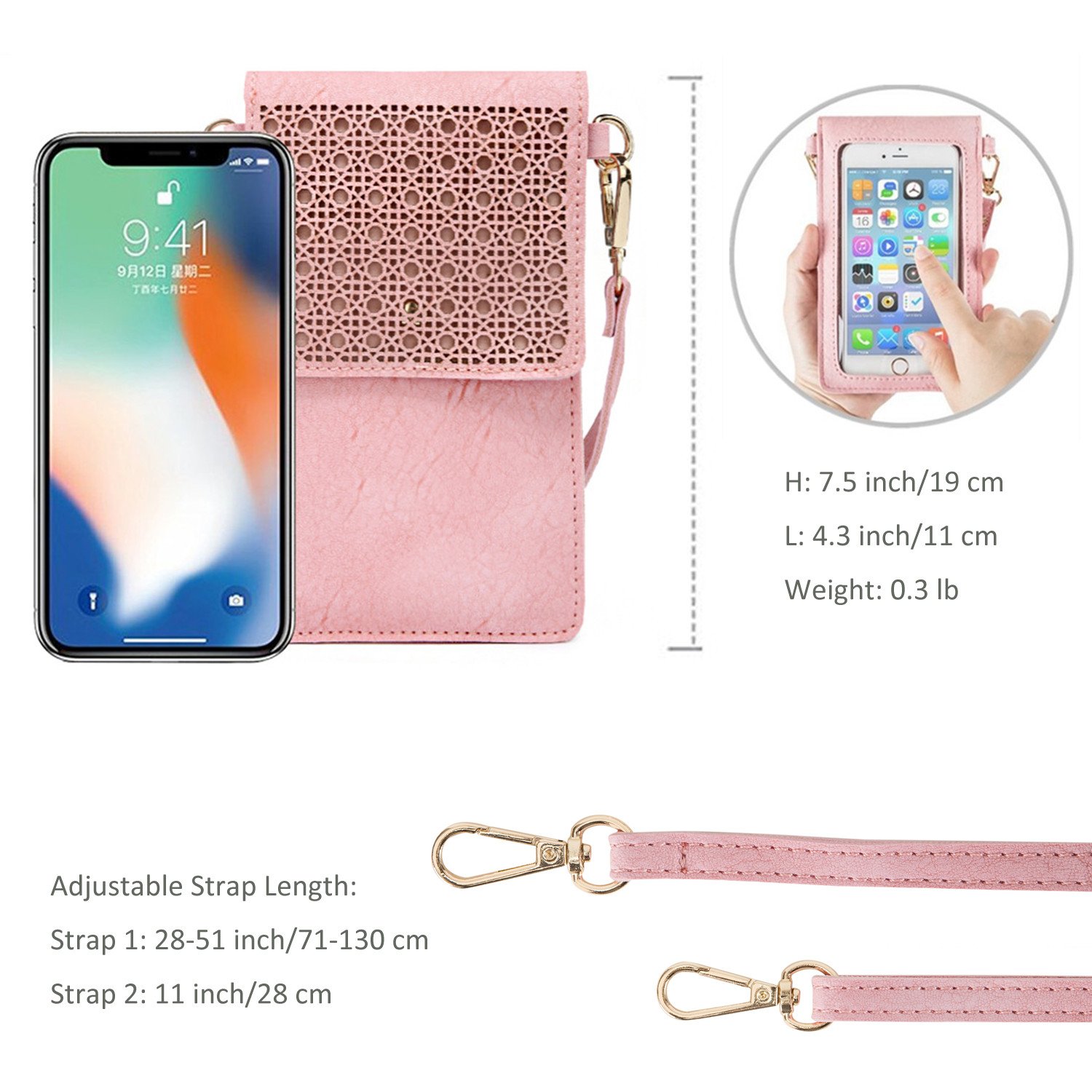 AnsTOP Women Hollow Texture Leather Small Crossbody Bag Cell Phone Pouch Handbag with 2 Shoulder Straps Pink