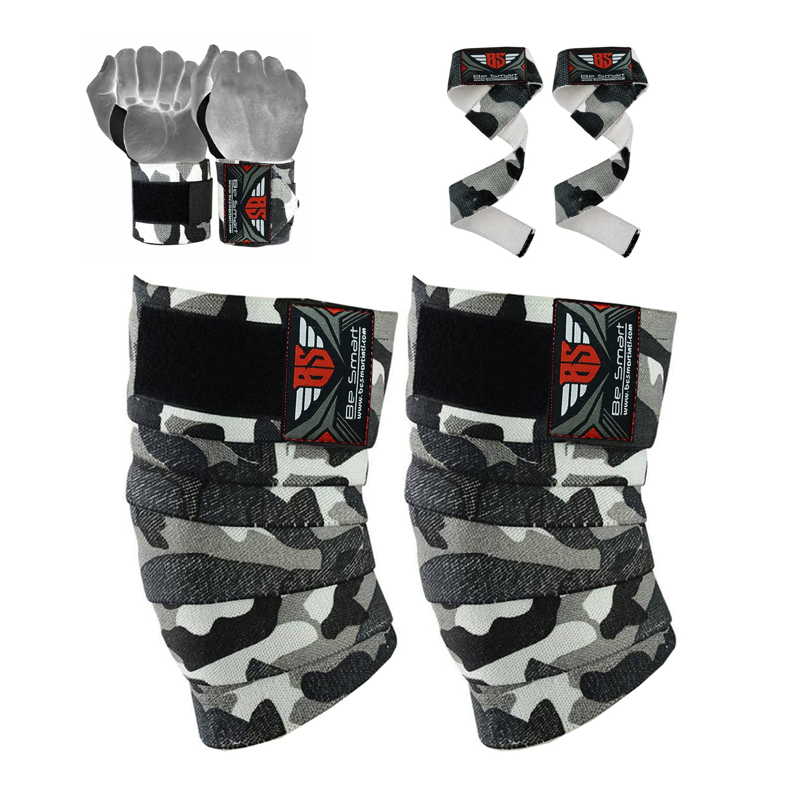 Be Smart Knee Wraps Wrist Wraps Bar Straps for Weight Lifting Body Building Gym Training Support Leg Wrist Straps R (Gray Camo, One Size) Set.