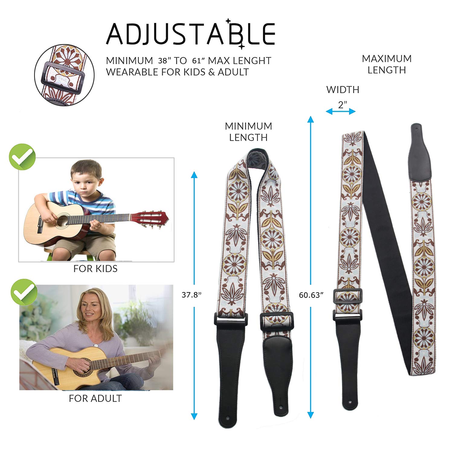 FluTune Leather Adjustable Guitar Strap - Jacquard Weave Collection Strap Set For Acoustic and Electric Guitar With Genuine Leather Ends