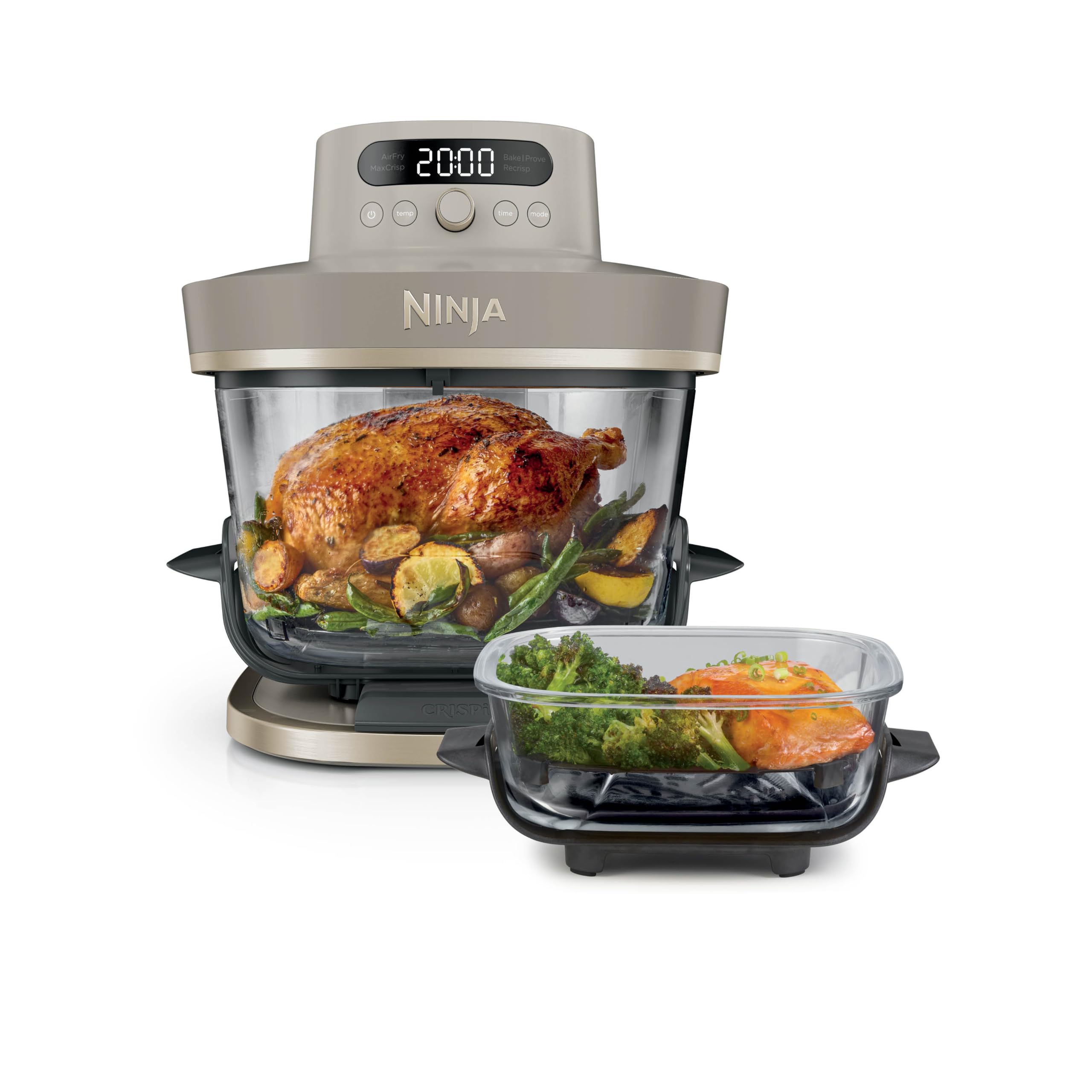 Ninja CRISPi PRO XL Glas-Heißluftfritteuse (Air-Fryer), 5 voreingestellte Zubereitungsfunktionen, inkl. CleanCrisp-Glasbehälter (5,7 l und 2,3 l) und Aufbewahrungsdeckel, Stone Gold AS090EUSD