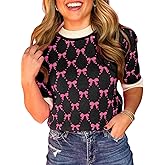 Ecosunny Women'sValentine Sweater Casual Round Neck Short Sleeve Shirts Bow Print Loose Tunic Blouses Tops
