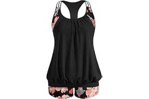 Holipick Plus Size Tankini Swimsuit for Women Two Piece Tummy Control Bathing Suit Blouson Racerback Tankini Top with Shorts