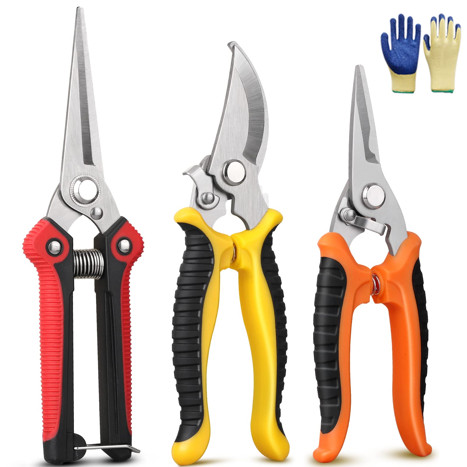 GEEDIAR Garden Secateurs, 3 Pack Pruning Scissors Kit with Stainless Steel Blade Locking Mechanism and Garden Gloves for Fruit Branch, Hedge, Bouquet Making & Vegetables, Plants