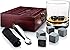 Gift Set of 8 Whiskey Chilling Stones [Chill Rocks] - in Premium Wooden Gift Box with Stainless Steel Tongs and Velvet Carrying Pouch - Made of 100% Pure Soapstone - by Quiseen
