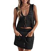 Saodimallsu Womens Crochet Swim Cover Up 2 Piece V Neck Sleeveless Front Tie Crop Tops Beach Mini Skirt Coverup Set