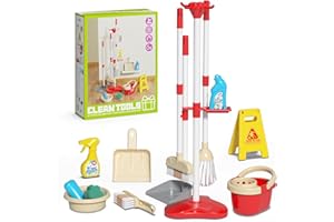 DOLIVE Kids Mini Cleaning Toy Set 13 Piece Toddler Cleaning Kit with Broom, Mop, Storage Rack, Cleaning Bucket, Wet Floor Sign & More, Housework Pretend Play Gift for Girl Boy