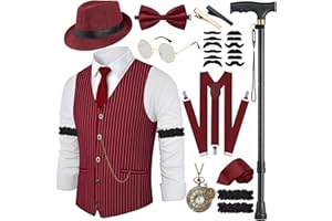 VillbeCoser 1920s Mens Costume Roaring 20s Costumes Accessories Set 1920s Vest Suspenders Hat Pocket Watch Tie