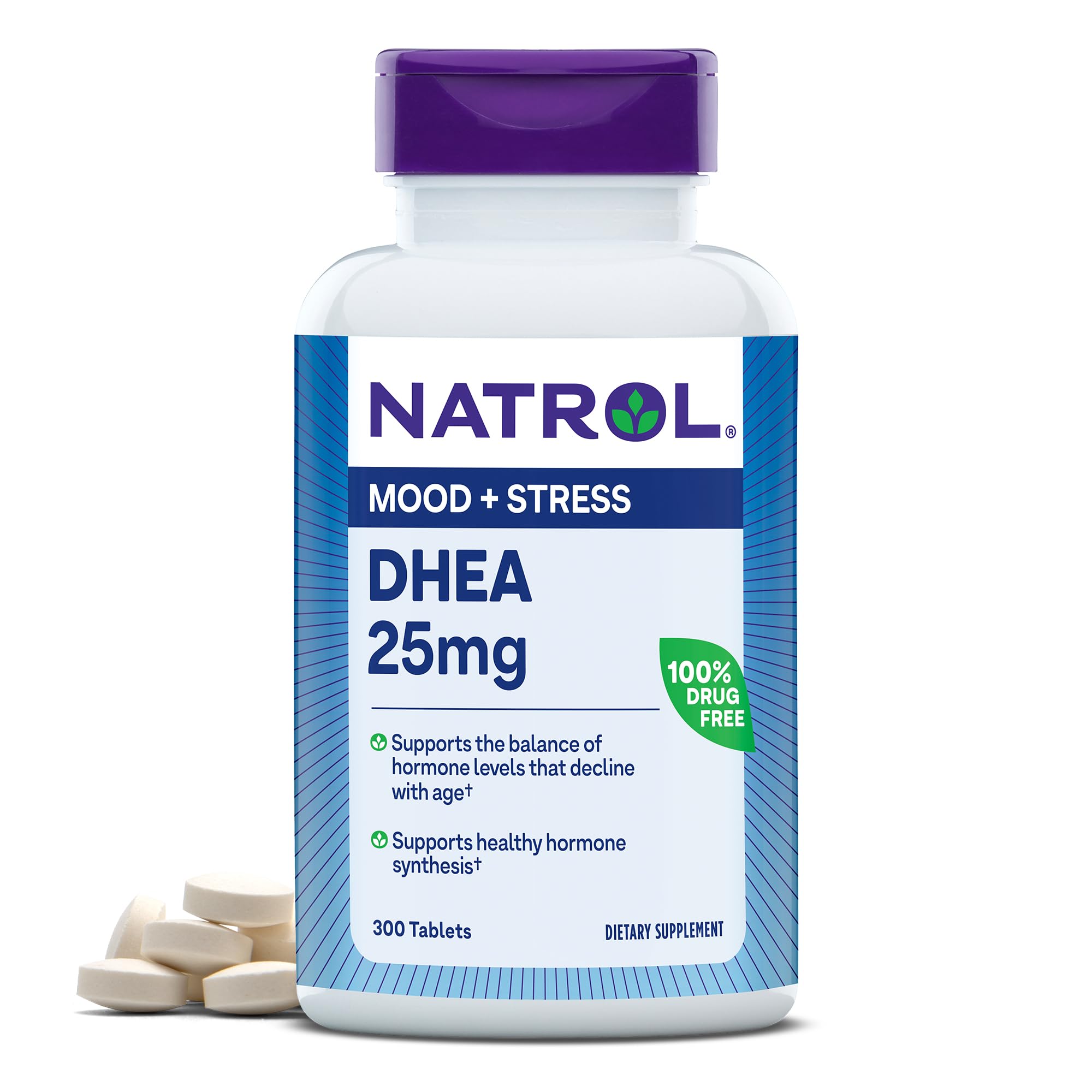 Natrol Mood & Stress DHEA 25mg With Calcium, Dietary Supplement for Balance of Certain Hormone Level and Mood Support, 300 Tablets, 300 Day Supply