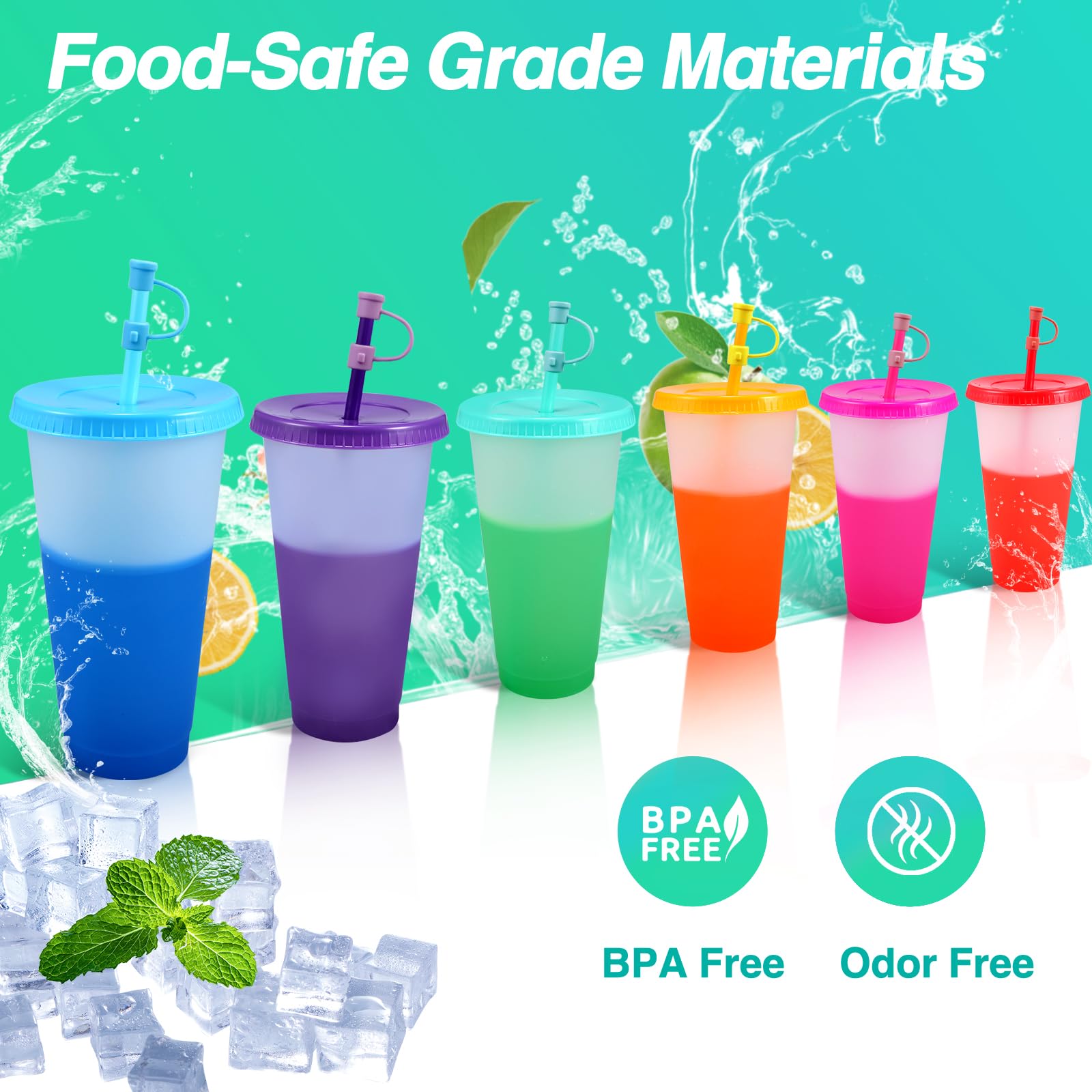 6 Stück Plastikbecher Trinkbecher Becher mit Deckel & Strohhalm Abdeckung - 710ml Mehrweg Tasse Farbwechselbecher Kaffeebecher to go Becher für Eiskaffee Kaltes Trinken Smoothie (mit Stroh Abdeckung) 4