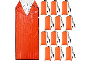 Qunclay 12 Set Emergency Sleeping Bag Survival Bivvy Sack Blanket with Whistles Lightweight Portable Thermal Survival Bag Thick Tent with Hood Extension Nylon Stuff Sack