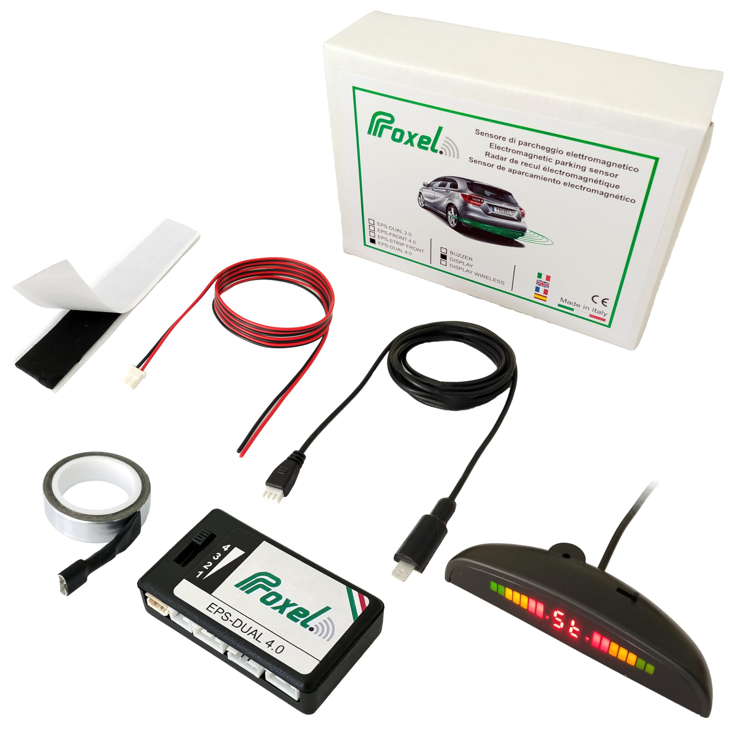 Proxel - Electromagnetic Parking Sensors Invisible, Rear, EPS-DUAL 4.0 with Display, Without Drilling the Bumper, Universal and Original Kit
