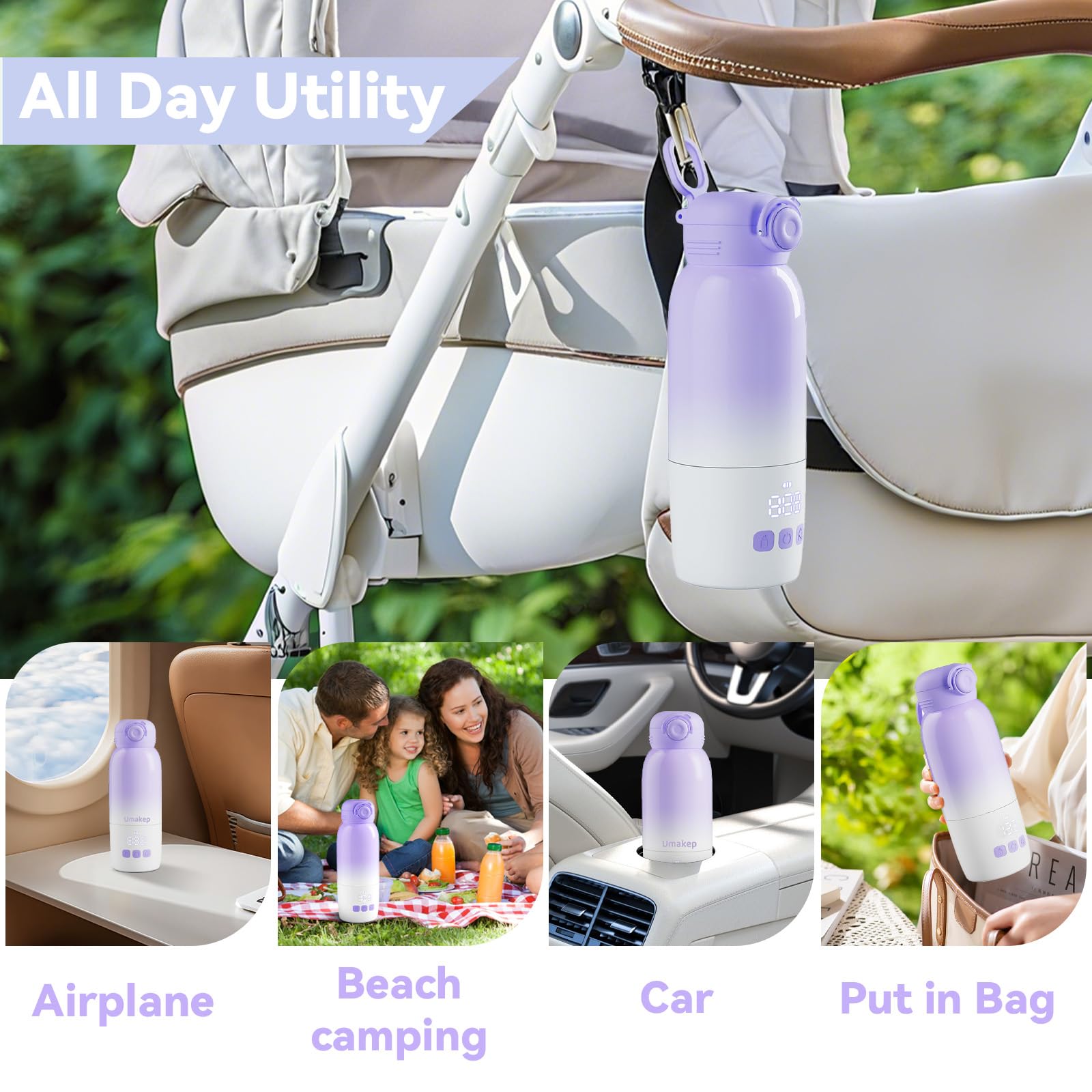 Portable Bottle Warmer for Travel - Large 12oz Capacity with Dual Heating Modes for Breast Milk & Water, Fast Heating Smart Temperature Control, Portable Milk Warmer Gifts for New Mom Purple