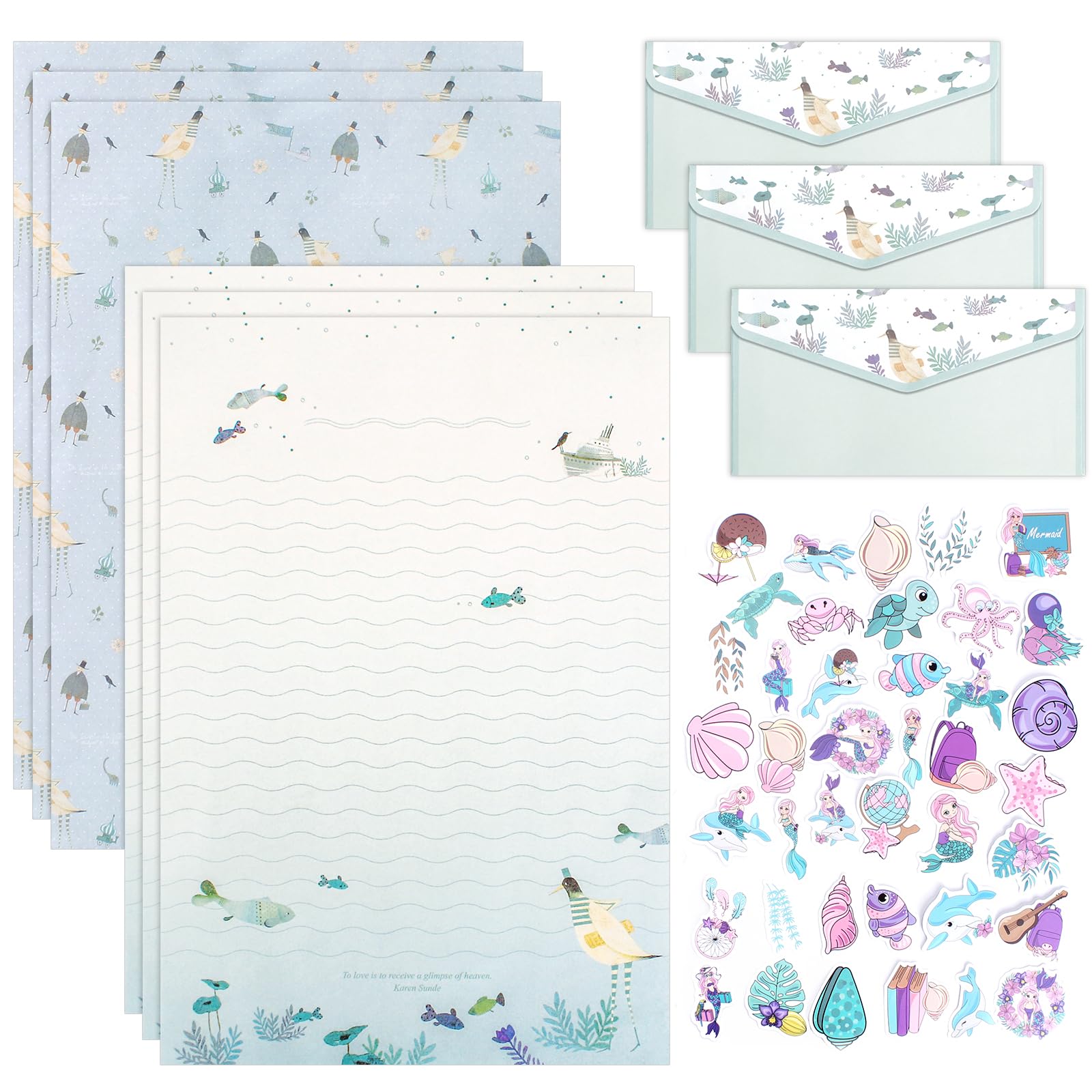 Writing Paper and Envelopes Set, 12 Pcs Writing Stationery Paper with 12 Pcs Envelops & 36 Pcs Mermaid Sticker, Lovely Lined Letter Writing Paper Set for Office Home School and Invitation Gifts