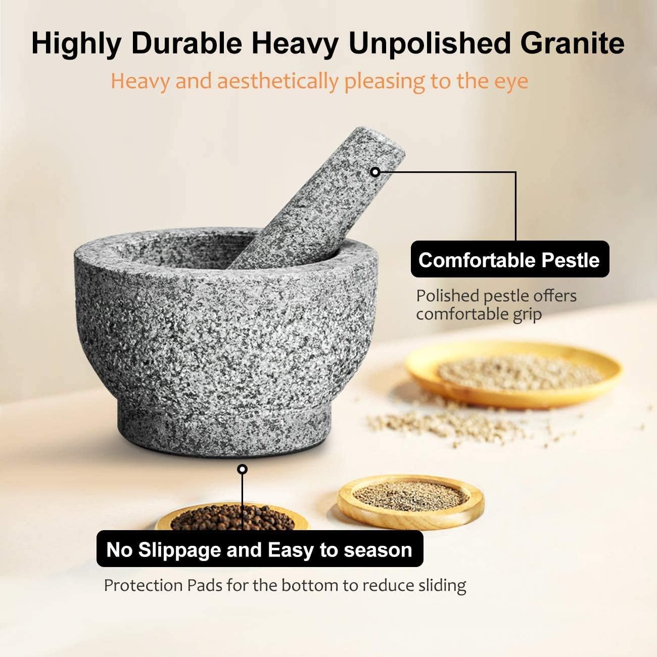 Tera Mortar and Pestle Set with Lid 2 Cup-Capacity, Include Silicone Lid, Garlic Peeler, Stick-on Anti-slip Pad for Base, Unpolished Granite Mortar and Pestle Spice Grinder, 5.5 Inch: Kitchen & Dining