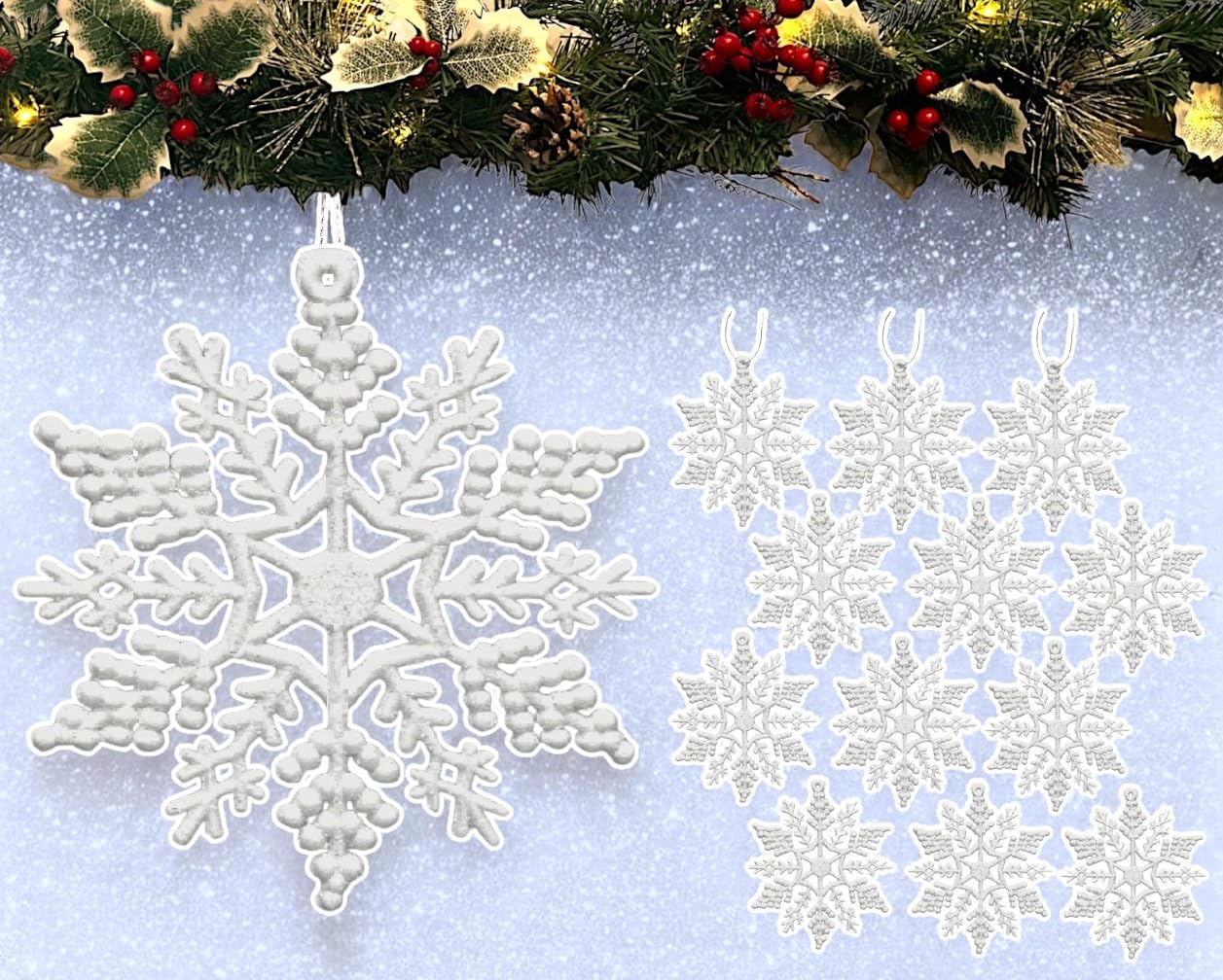 12pk Glitter Snowflake Hanging Decorations, Christmas Tree Snowflake Baubles/Ornaments (White)