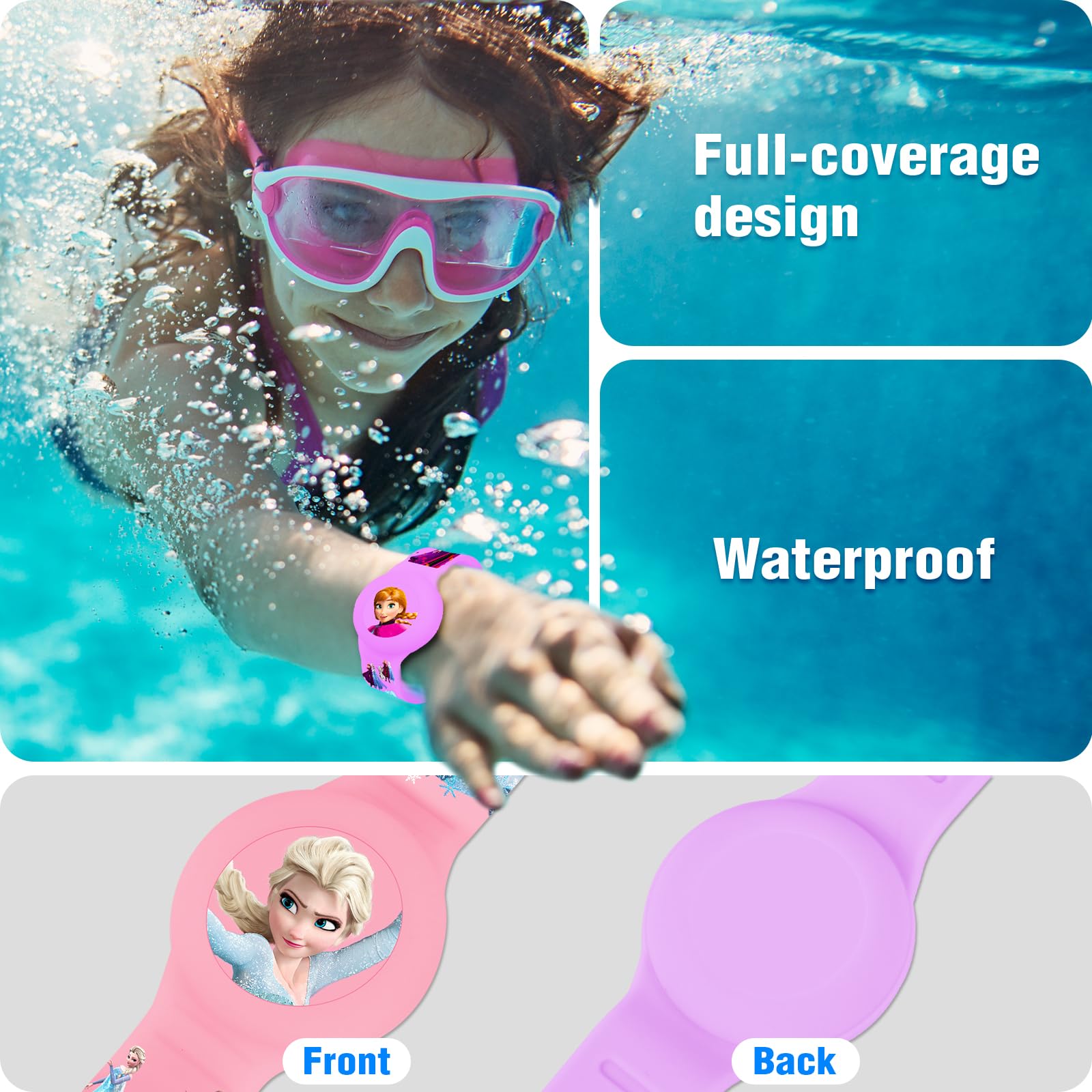 Waterproof Air Tag Bracelet for Kids [2 Pack], Princess Air Tag Holder for Kids with Full Coverage Hidden Design, Silicone Airtag Wristband for Child, Pink + Purple