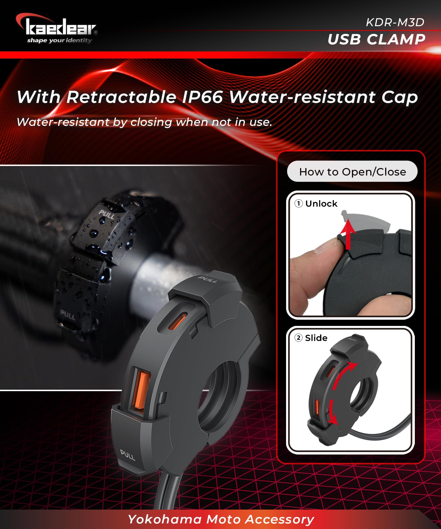 Motorcycle USB Clamp, Water Resistant, Fast-Charging, Type A, Type C, PD(30W)+QC3.0(18W), SAE DC 12V, KDR-M3D