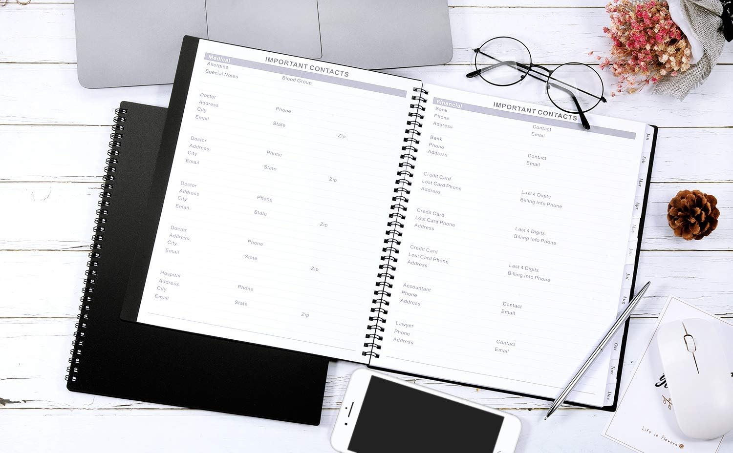2021 Monthly Planner - 12-Month Planner with Tabs & Pocket & Label, Contacts and Passwords, 8.5" x 11", Thick Paper, Jan. - Dec. 2021, Twin-Wire Binding - Black by Artfan : Office Products