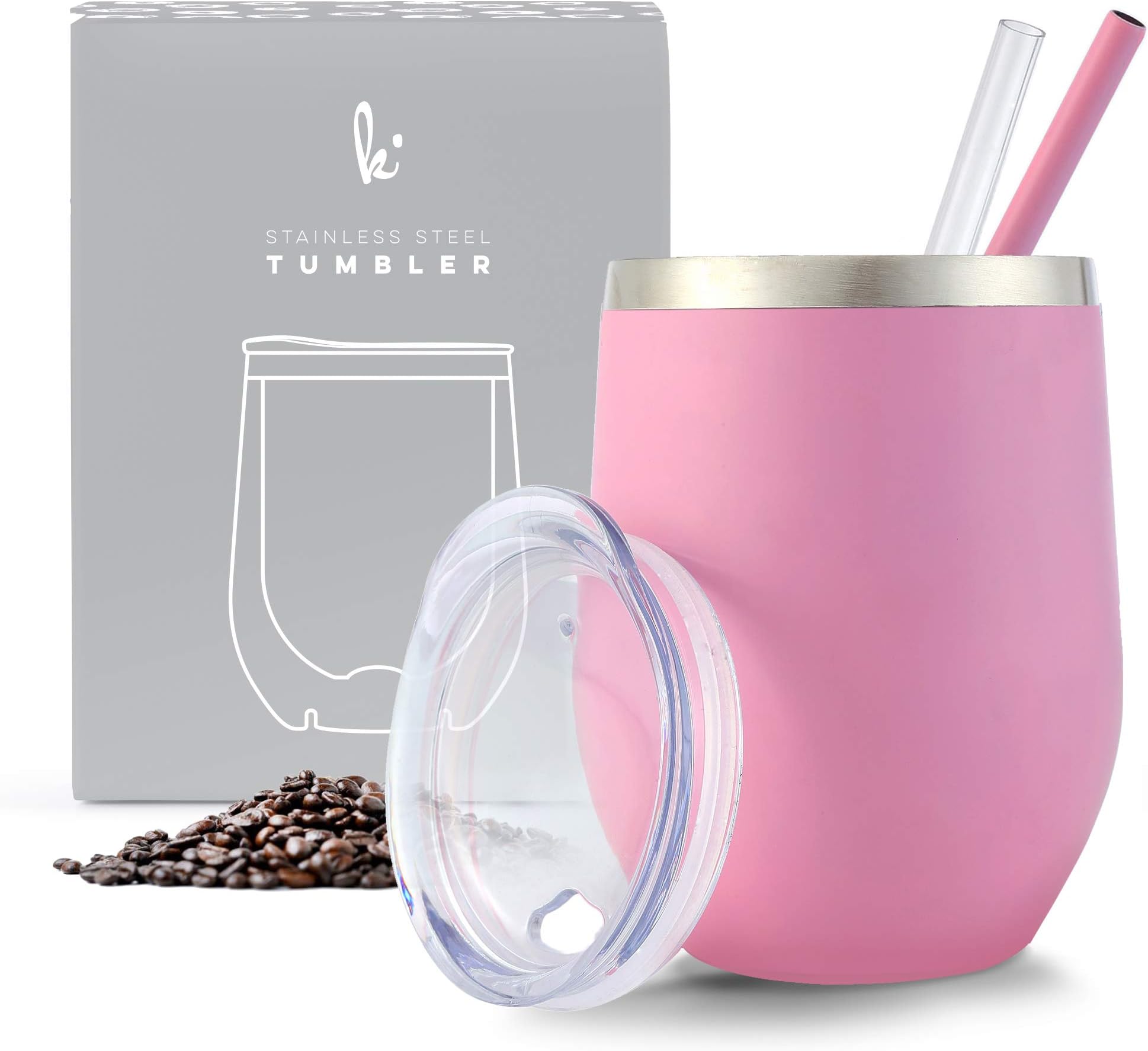 Stainless Steel Tumbler, Coffee Tumbler and Wine Tumbler with Lid, Sweat-free Tumbler Cups for Hot and Cold Drinks, 12oz, Rosรฉ Pink