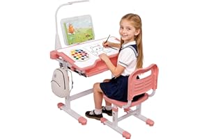 BIERUM Kids Desk and Chair Set - Height Adjustable 55° Tiltable Student Desk, Ergonomic Widened Desktop Table with Painting Mat, Bookstand and 3 Modes LED Lamps for Kids Ages 3-12, Pink