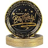 KFJBPB 50PCS Happy Birthday Paper Plates with Gold Trim 7inch, Disposable Black Gold Dessert Paper Plates Dinner Plates Cake Plate Party Supplies for Birthday Party Decorations