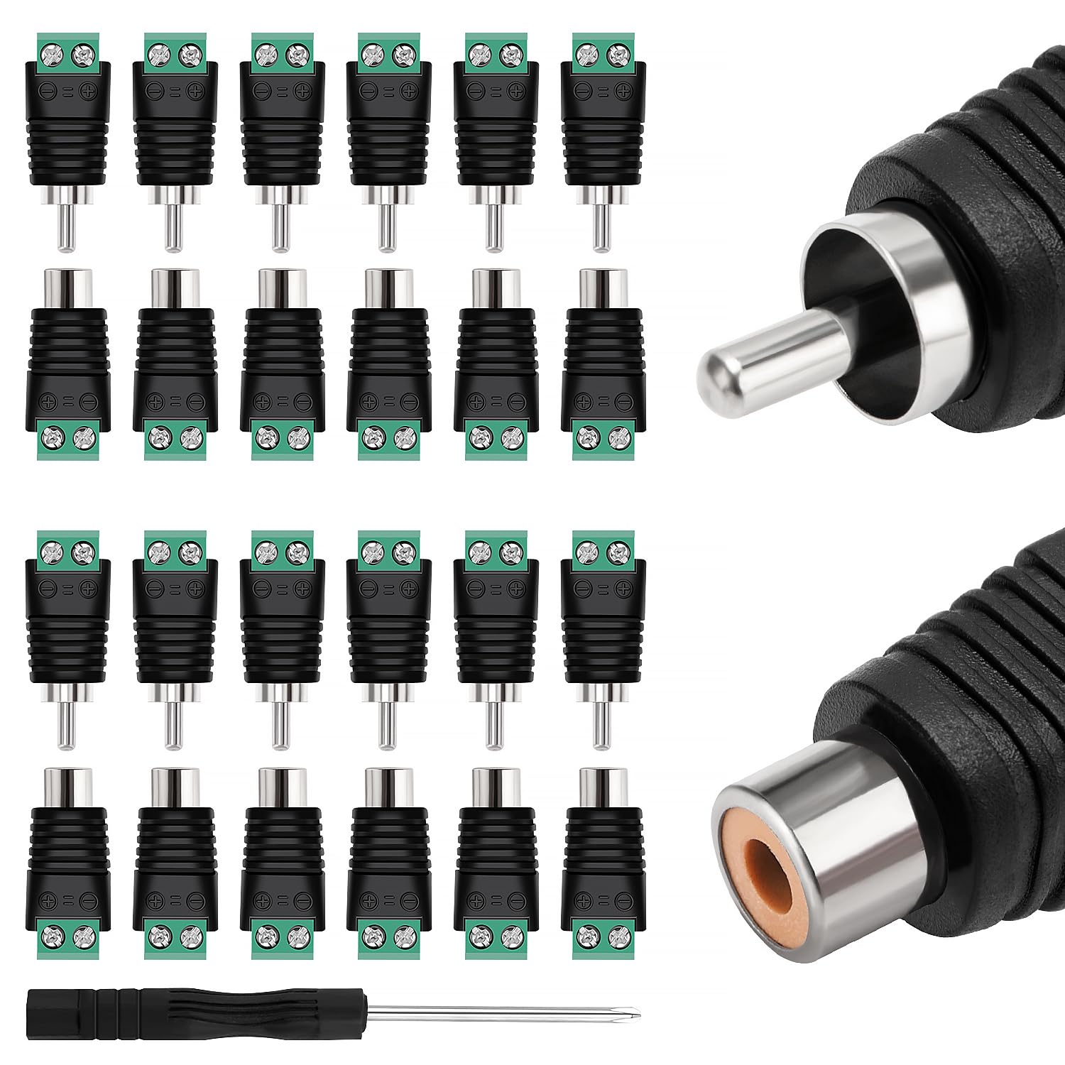 KUOQIY 12 Pairs RCA Connector Adapter Set, Phono RCA Male Plug to AV Screw, Terminal Block Audio/Video Connector Adapter, for CCTV Security Camera System