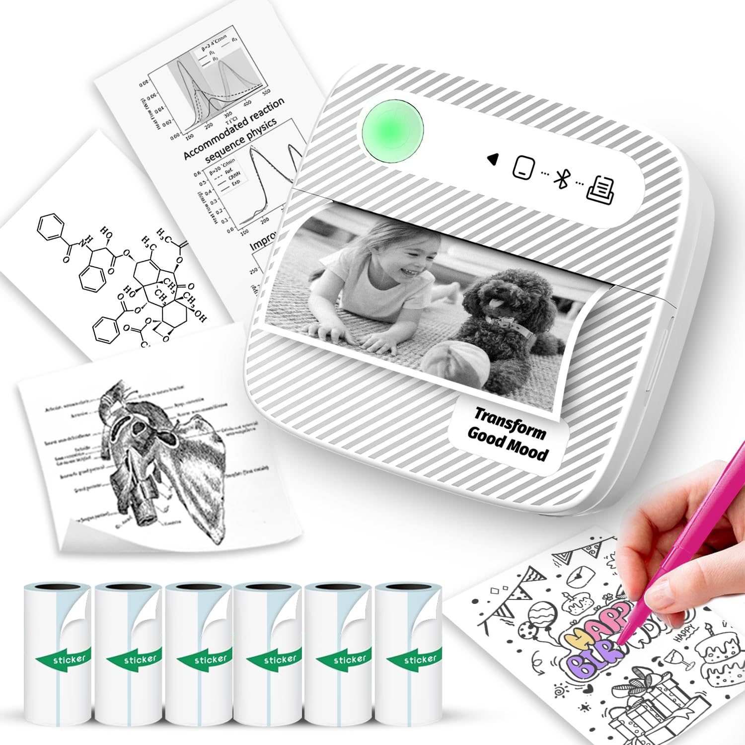 Photo 1 of Mini Printer with 6 Rolls Sticker Paper, Receipt Printer for Study Notes, Pictures, DIY, Label, App with Multiple Templates