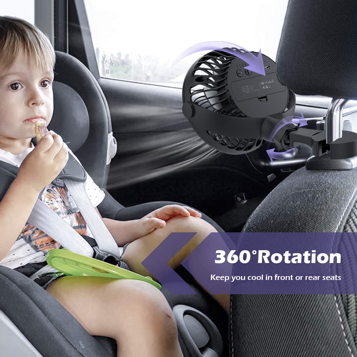 Shinebella Car Clip Fan with Rechargeable Battery - 5