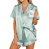 Ekouaer Womens Satin Pajamas Set Button Down 2 Piece Silk Pjs Shorts Set Ruffle Lingerie Notch Collar Sleepwear