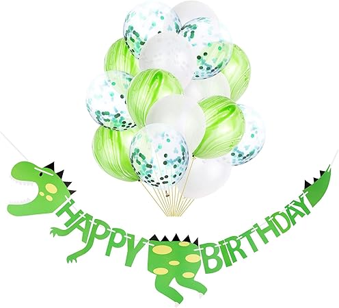 Amazon 誕生日 飾り付け 恐竜 グリーン 男の子 子供 面白い 動物 Happy Birthday バナー ガーランド バルーン 風船 紙吹雪入れ 16枚セット グリーン 風船 バルーン おもちゃ