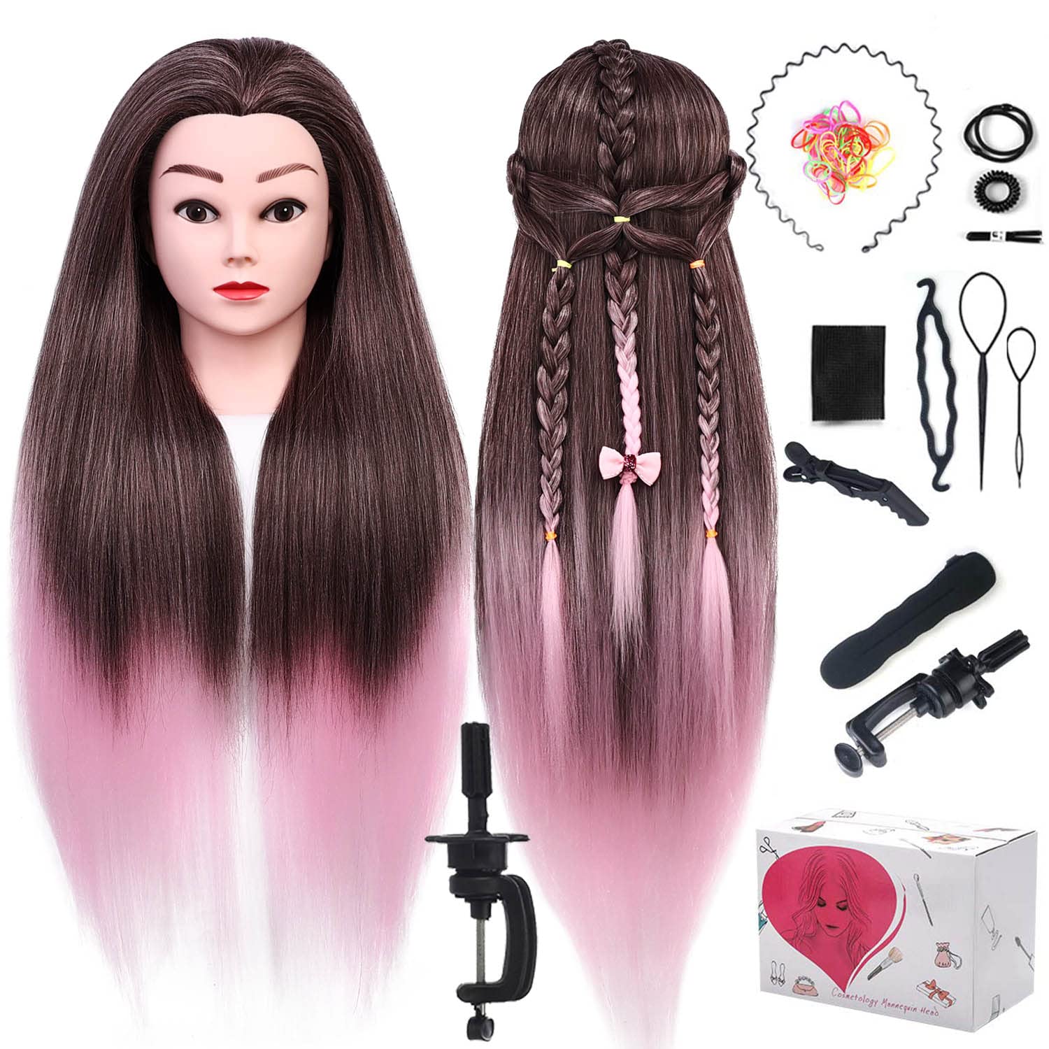 TopDirect 29" Hairdressing Training Mannequin Head, 100% Synthetic Fiber Hair Mannequin Head, Hairdressing-head for Hair Styling with Table Clamp and DIY Braiding Set（Brown + Pink）