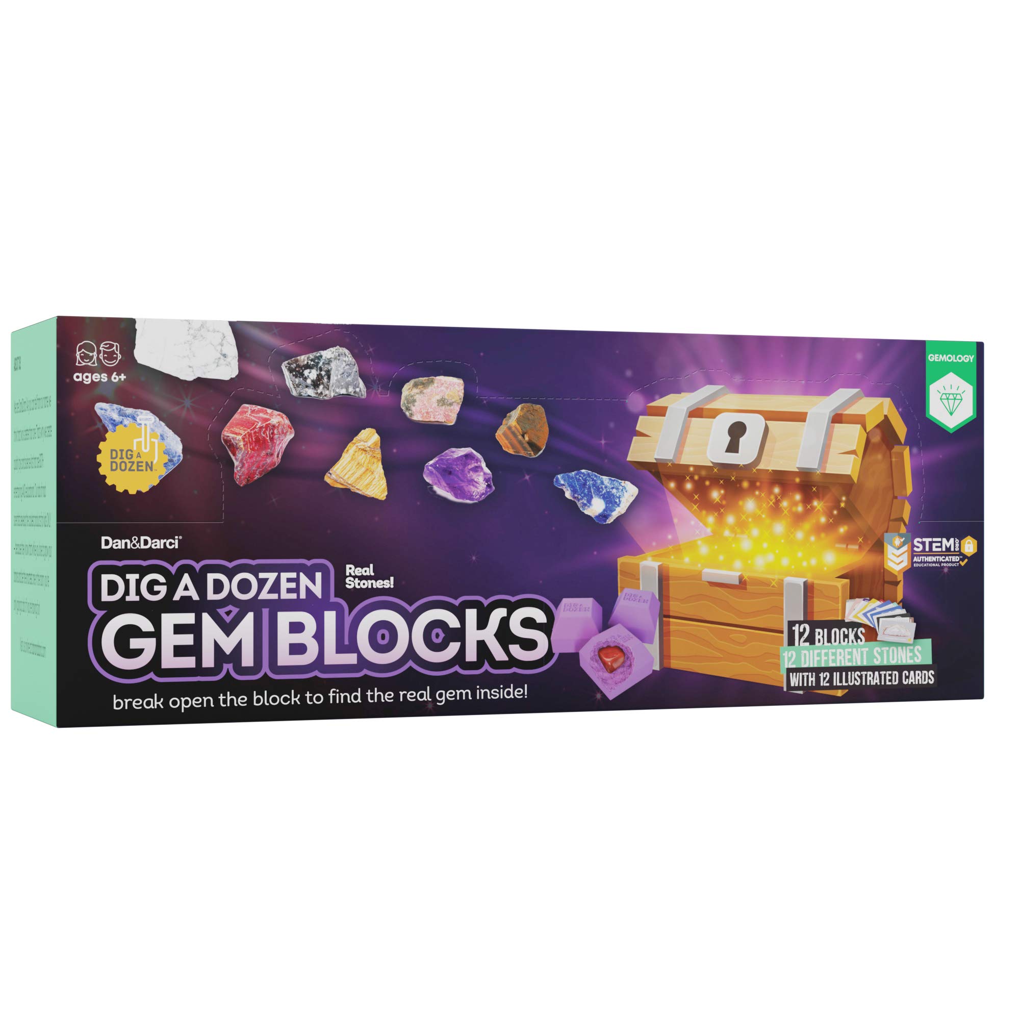Dan&Darci Dig a Dozen Gem Blocks Mining Kit for Kids - Discover 12 Unique Real Gemstones, Mineral, Rock, Crystals Collection - Archaeology Science Gift Toys Set for Boys & Girls Age 8-12 Gifts