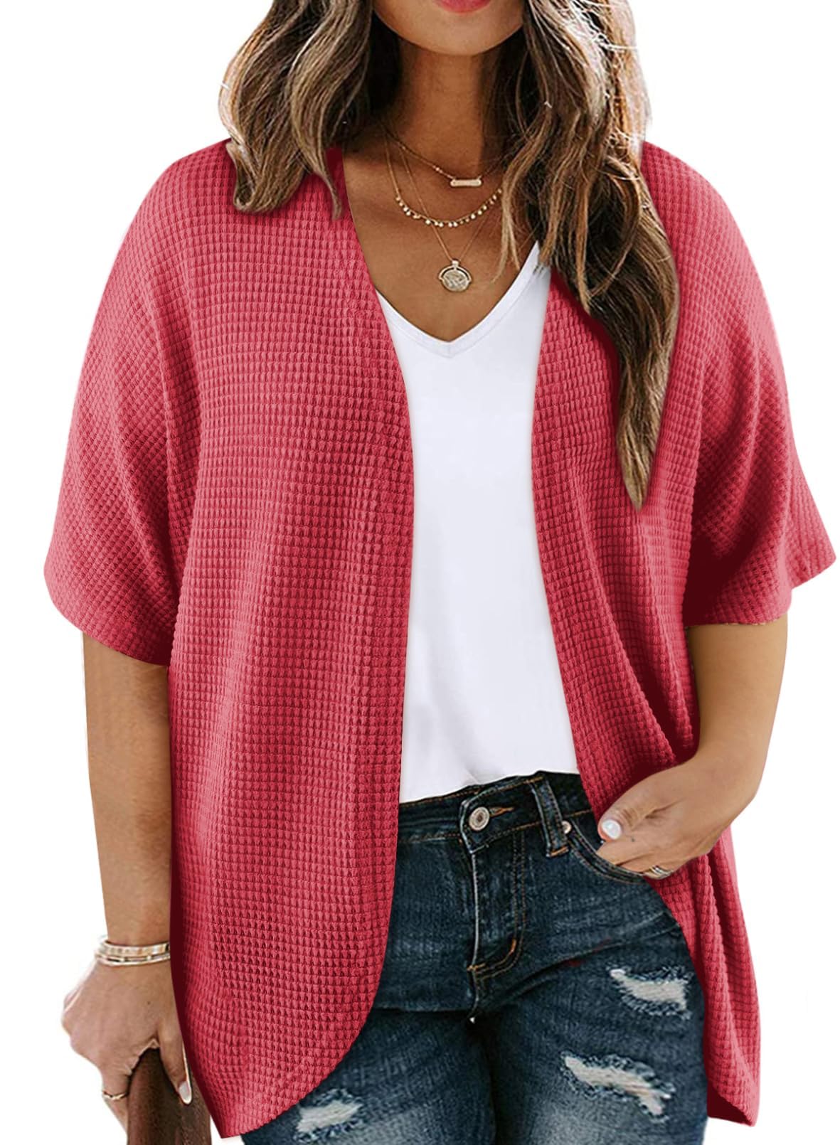 Photo 1 of ** MINOR HOLE ON BACK**
Eytino Plus Size Cardigan for Women Short Sleeve Open Front Tops Waffle Knit Kimono Casual Solid Blouses Fashion Coverups Red 3X