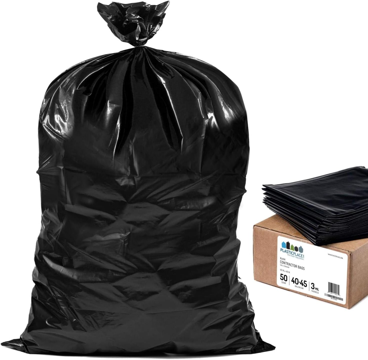 Plasticplace Contractor Trash Bags 40-45 Gallon │ 3.0 Mil │ Black Heavy Duty Garbage Bag │ 40” x 48” (50 Count)