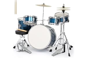 Ktaxon 5-Piece Complete Junior Drums Set, 14 Inch Beginners Drum Kit with Throne Stool, Pedal & Drumsticks, Drums Musical Instruments W/Cymbal, Hi-Hat, Floor, Tom and Snare Drum (Brushed Blue)