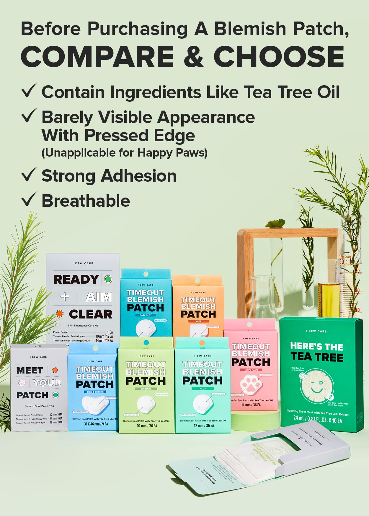 I DEW CARE Hydrocolloid Acne Pimple Patch Trio - Meet Your Patch Set | Korean zit blemish dark spot patches for face and skin, 96 Count assorted, Three Sizes, Tea Tree Oil