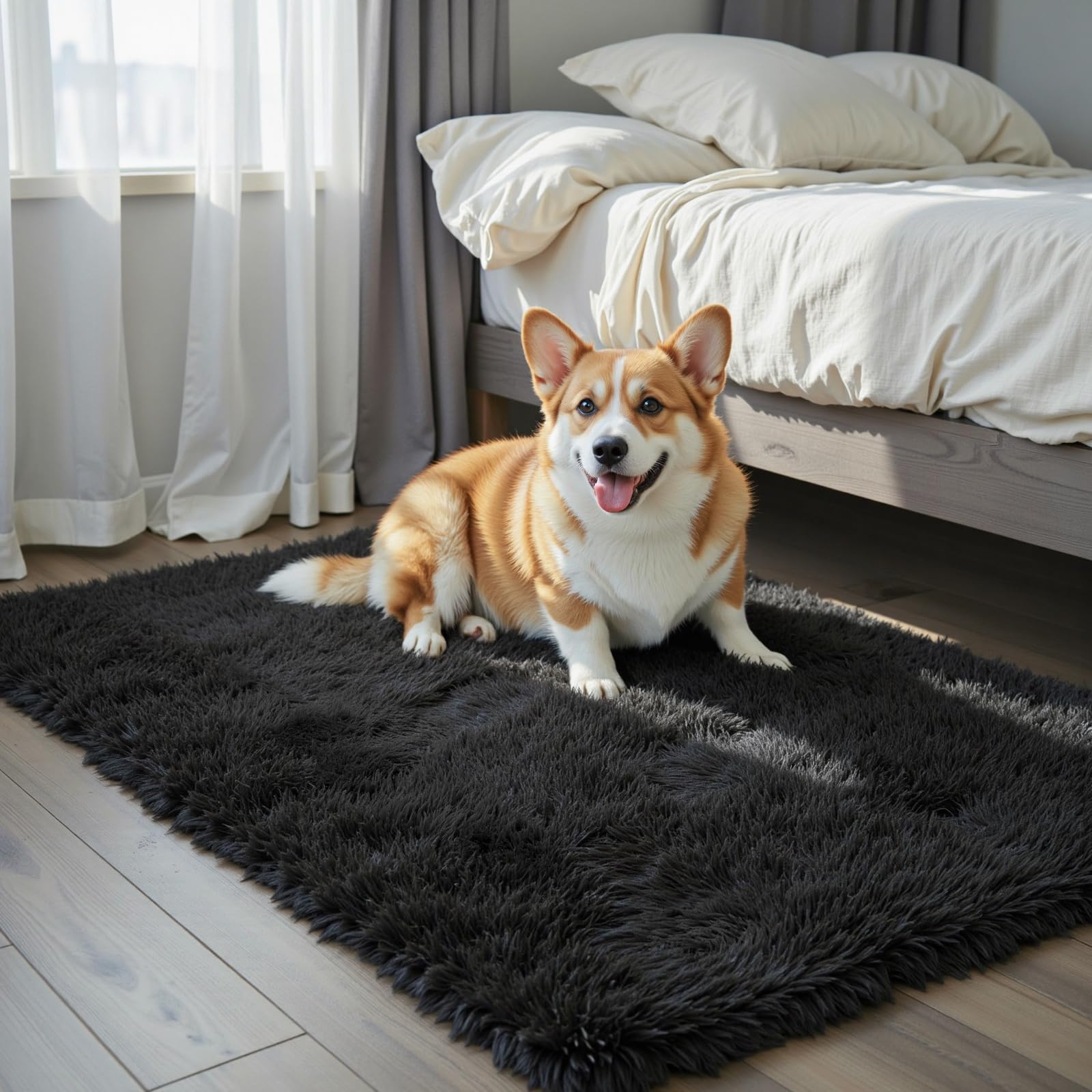 Photo 1 of **used***Small Area Rugset, Black Rug for Bedroom Dorm, Modern Shag Bedroom Mat, Small Carpet, Fluffy Bedside Rug for Girls Dorm Room Home Decor