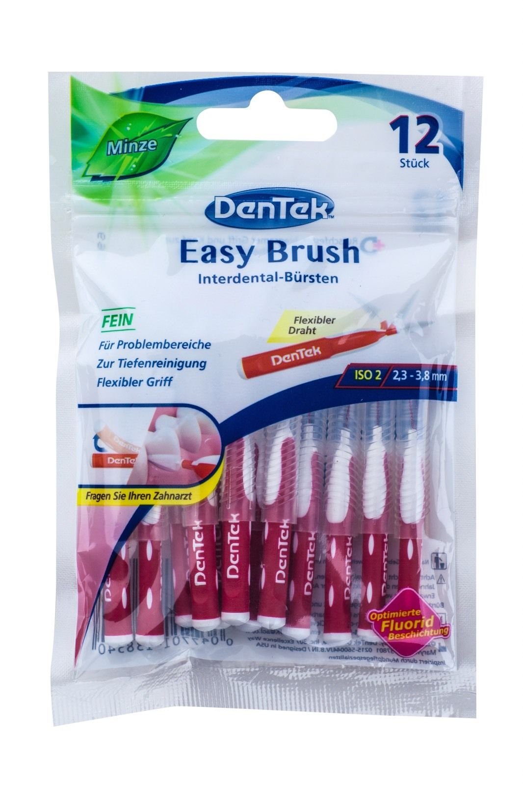 DenTek Easy Brush 2.3mm 3.8mm Fine ISO 2 (Pack of 12) Mint Flavoured Interdental Brush for Very Tight Interdental Spaces and Braces Flexible Handle White Blue