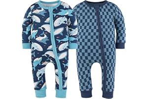 The Peanutshell 2-Pack Sleep and Play Baby Boy Clothes, Soft Cotton Footless Pajamas, Blue Checker & Happy Shark
