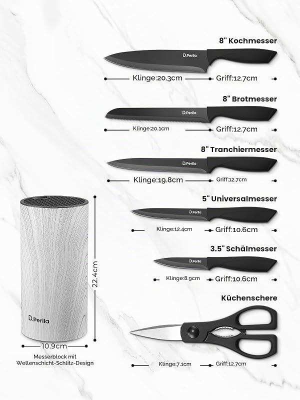 Messerblock Set, 7-tlg Scharf Edelstahl Messerblock mit Messer, Ergonomischer und Rutschfester Griff, Abnehmbar für einfache Reinigung, Für alle Küchenmesserset, Schwarz