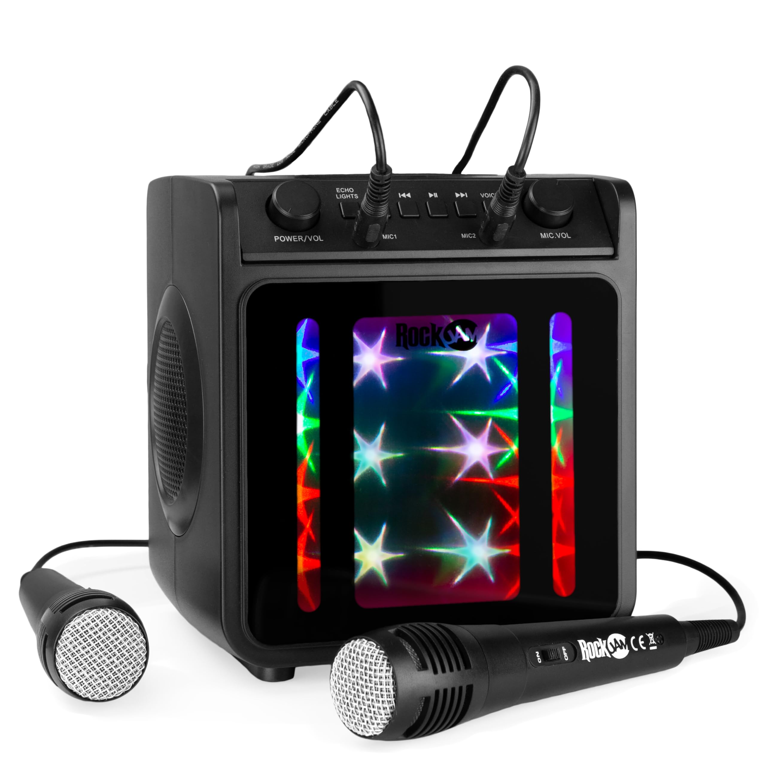 RockJam 10-Watt Rechargeable Bluetooth Karaoke Machine with Two Mics, Lightshow & Voice Effects
