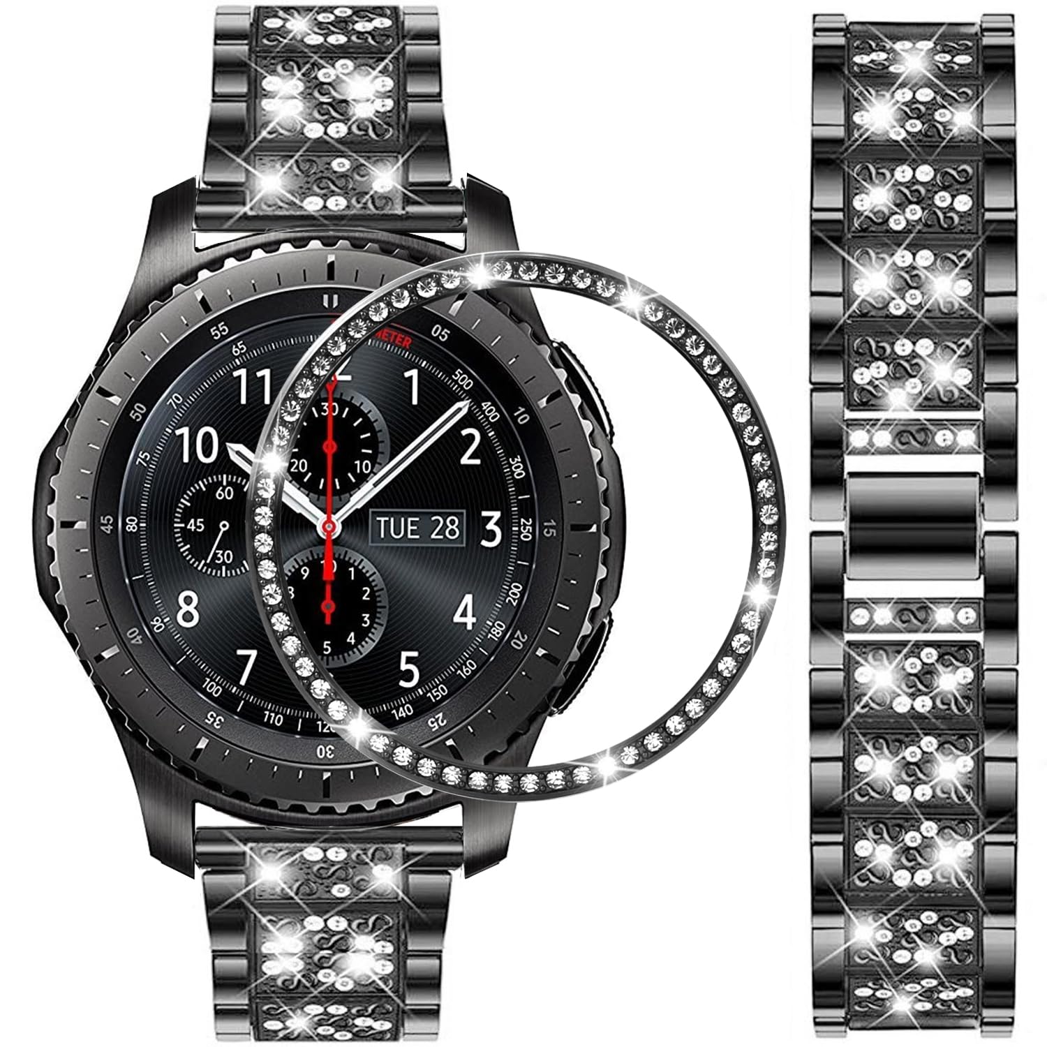DEALELE Strap Compatible with Samsung Gear S3 Frontier / Classic / Galaxy Watch 46mm, 22mm Rhinestone Diamond Metal Steel Bracelet with Watch Face Bezel Ring Cover Replacement for Women Men, Black