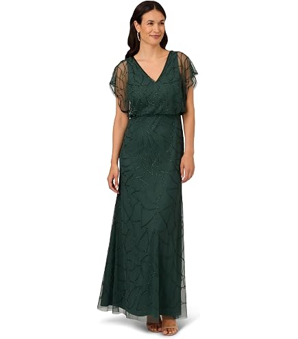 adrianna papell green beaded dress Women's Mesh Long Dress, Green/Gold, 14 : Clothing, Shoes & Jewelry Gowns Elegant and opulent Green Beaded Mesh Long Dress