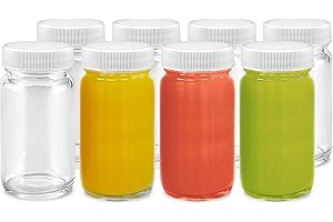 ALL ABOUT JUICING Juice Shot Bottles Set - Wide Mouth for Juicing, Beverage Storage, Liquids, 2 oz, Clear Glass with White Caps, Reusable, Leak Proof, Jars (8 pack)