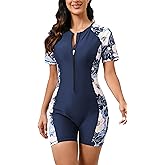 Halcurt Women's Boyleg One Piece Rash Guard with Built in Bra Zip Front UPF50+ Short Sleeve Full Body Surfing Swimsuit