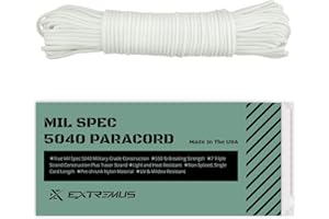 Extremus True Mil Spec 5040 Paracord, Made in The USA, Military Grade 550 lbs Breaking Strength, 7 Twisted Nylon Strands Plus Tracer Strand, UV Resistant, Color Fast, White, 25 feet