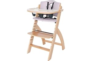 Abiie Beyond Junior Wooden High Chair with Tray - Adjustable and Convertible High Chair for Babies and Toddlers - 6 Months to 250 Lb - Water Resistant - Natural Wood with Lilac Cushion
