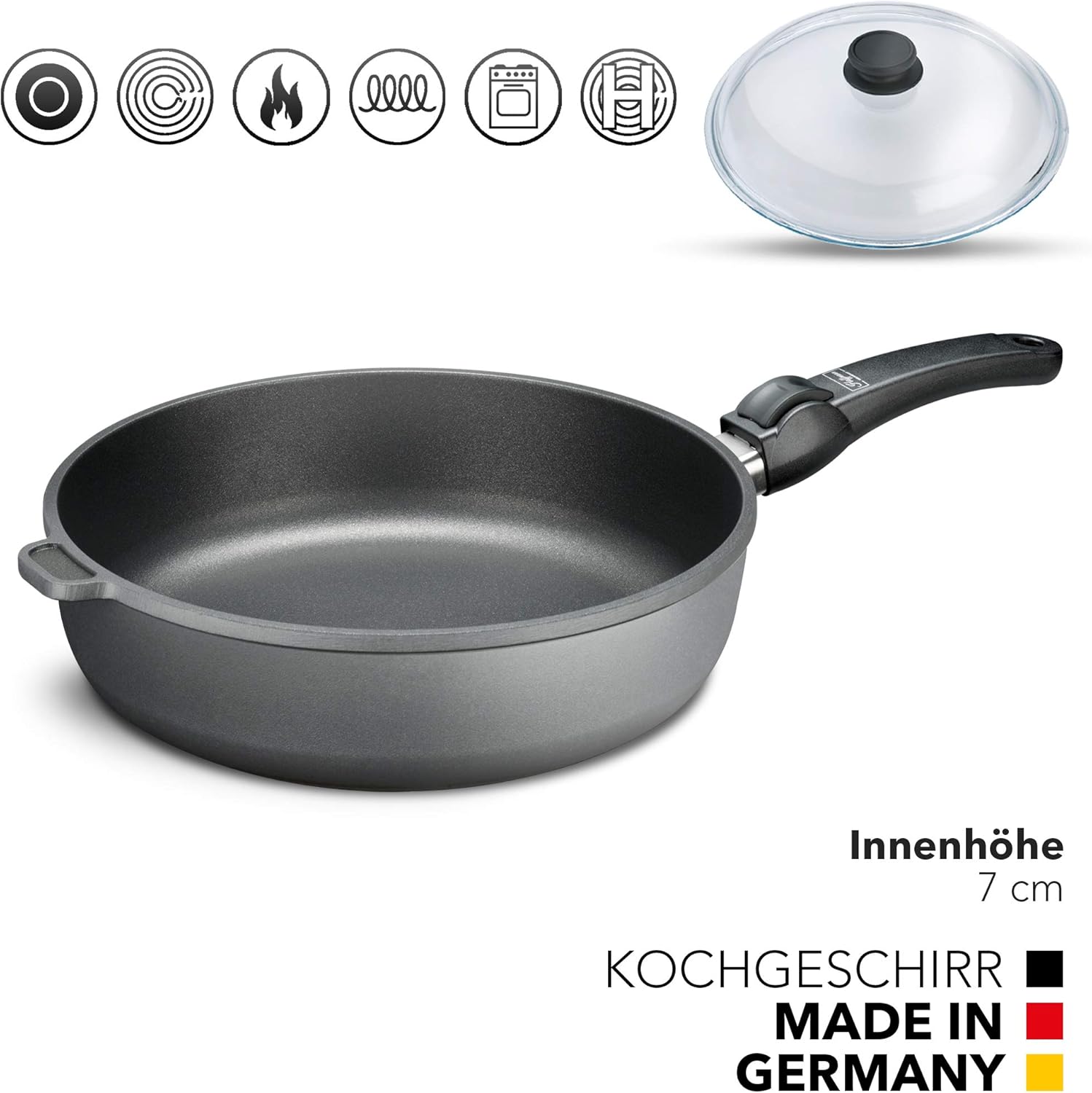 Aluguss Bratpfanne 28 cm Induktion Hoher Rand 7 cm Innenhöhe I Pfanne Induktionsherd I Schmorpfanne 28cm I Abnehmbarer Griff Hochrandpfanne